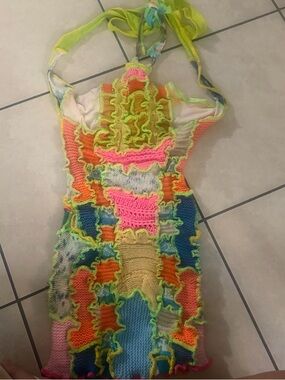 Backless Crochet Halter Dress - Neon Multi